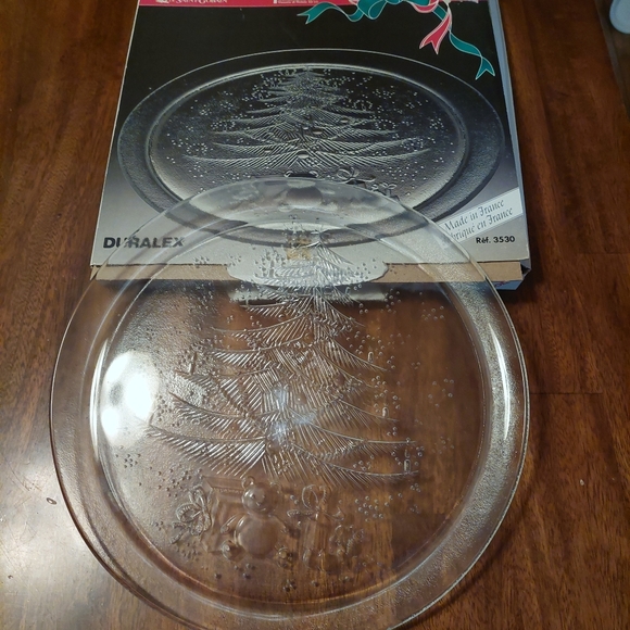 Vintage Christmas Serving Platter Glass Duralex Made In France With Box EUC Clea - Picture 4 of 4